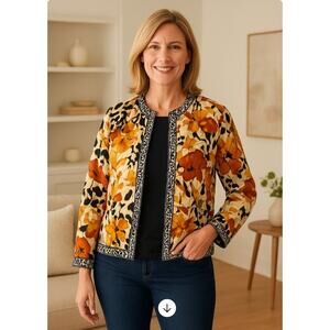 Chico’s Womens Bold Floral Print Jacket Size 2 (L) Fall Autumn Colors Boho Artsy